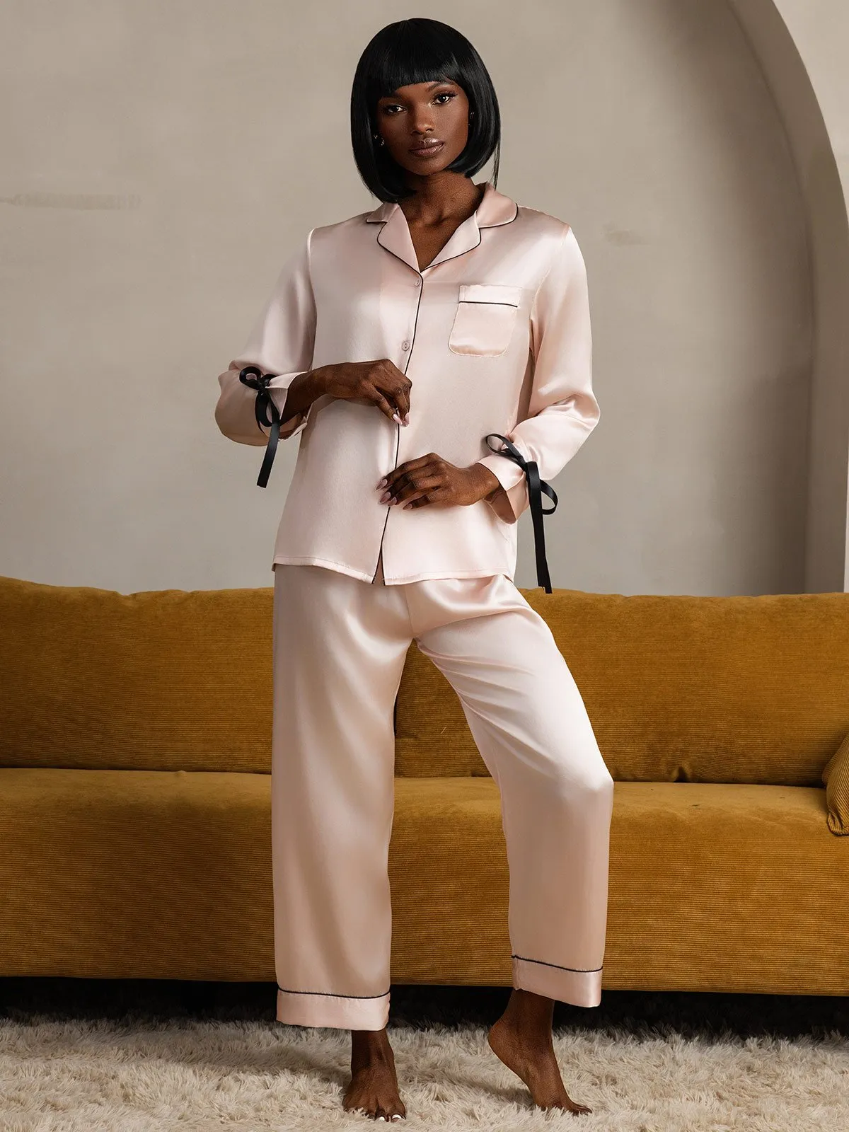 Zuivere Zijde Lange Mouw Broek Pyjama Set