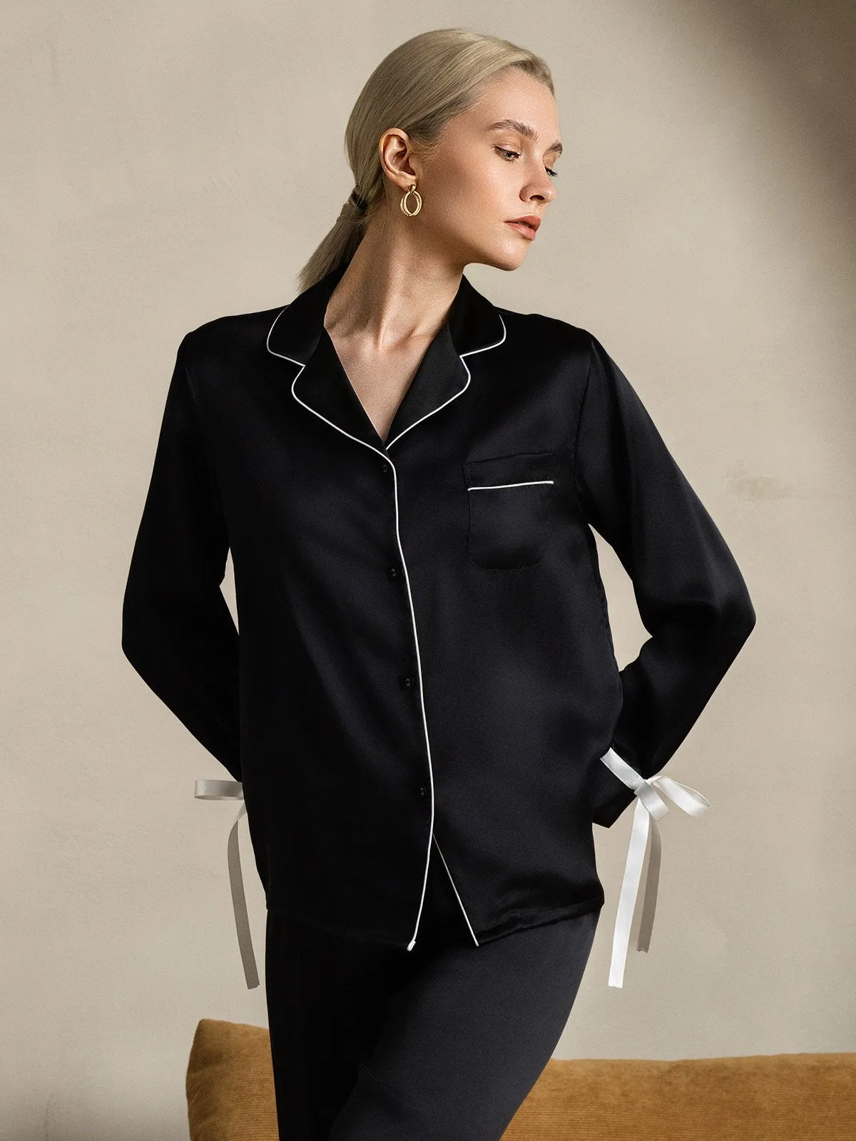 Zuivere Zijde Lange Mouw Broek Pyjama Set